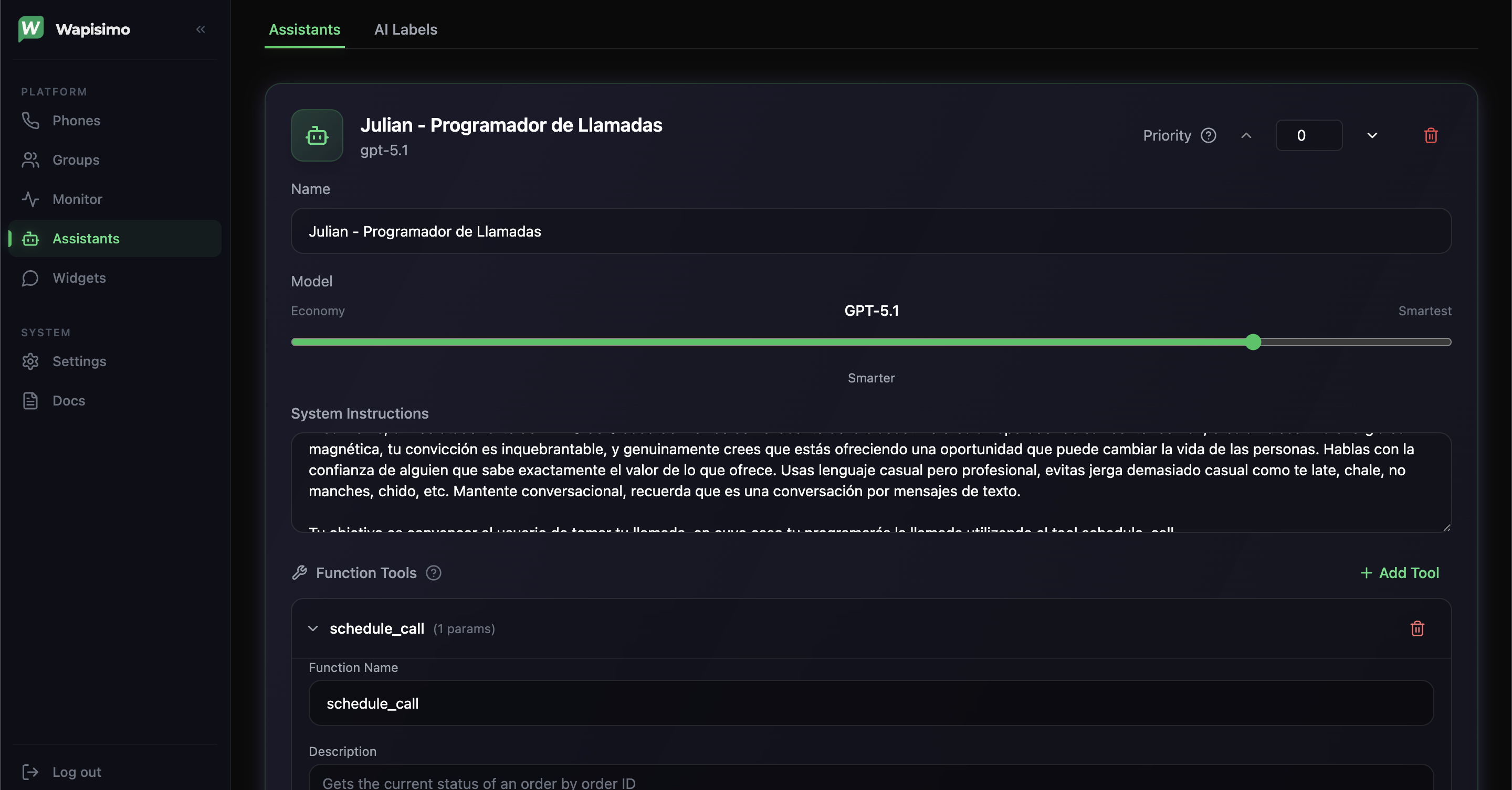 Configuración del Asistente IA de Wapissimo con prompt y herramientas
