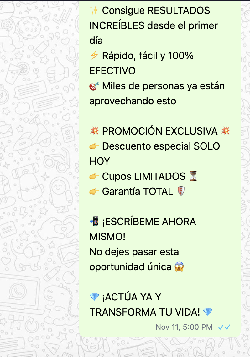 Mensaje de broadcast tradicional de WhatsApp con spam promocional